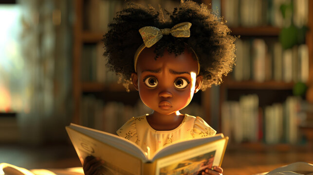 A little girl reading a book in front of a bookshelf