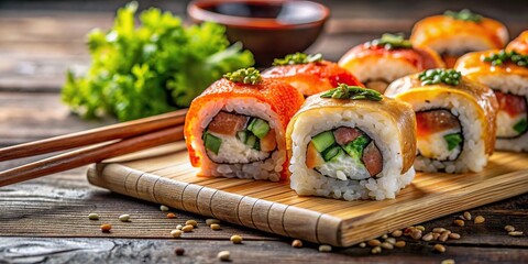 Close-up of delicious sushi rolls with chopsticks, sushi, fresh, Japanese cuisine, seafood, rice, raw, traditional, Asian, cuisine