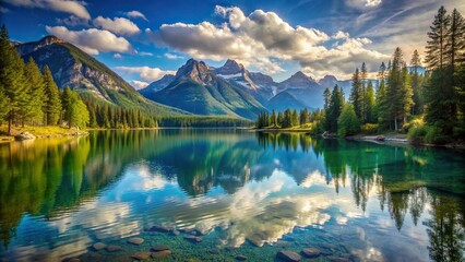 Wall Mural - Tranquil lake nestled in the shadows of majestic mountains , serene, peaceful, nature, landscape, reflection, beauty, outdoors