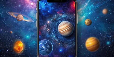 Wall Mural - Background with space phone wallpaper featuring stars, planets, and galaxies, space, phone wallpaper, background, stars