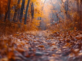 Poster - Autumn Hiking Trail Through Vibrant Colored Forest Landscape