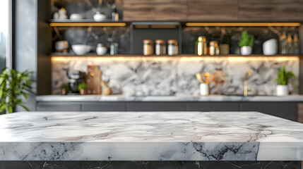 Wall Mural - Marble counter tabletop with copy space over blurred modern kitchen background