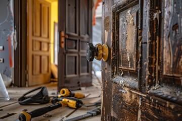 Aufkleber - Professional door installation in progress, with a new door being added next to an existing one. Tools like a drill and screws are scattered around, showing attention to detail. Generative AI