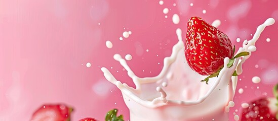 Wall Mural - delicious fresh strawberry falling into splashing milk pastel background. Copy space image. Place for adding text and design