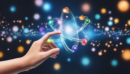 Molecules images, A man is touching atomic particles with his hands, images of molecules and atoms, Digital atom particles structure. 