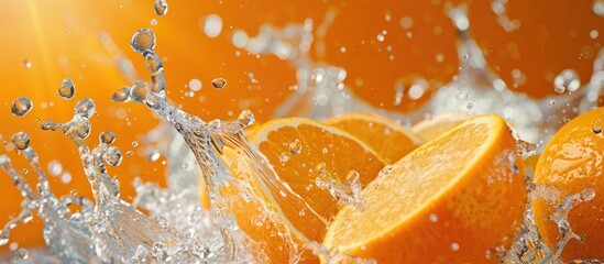 Wall Mural - creative layout made from fresh sliced oranges and orange fruit and water splashing on a orange back