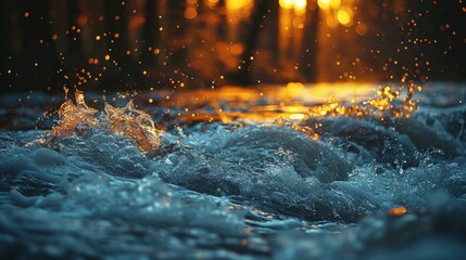 Wall Mural - close up of a river in the night, flood, waves 