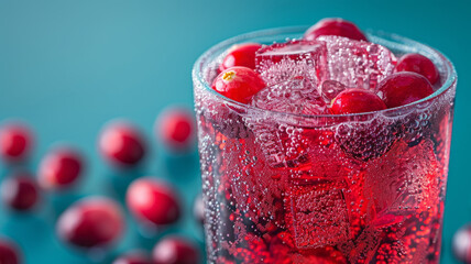 Wall Mural - Close-up of a refreshing cranberry drink with ice and bubbles.