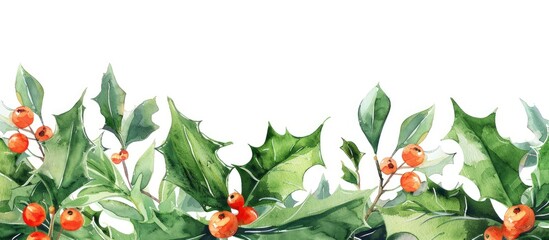 Wall Mural - Watercolor Christmas card with green leaves and holly berries. Universal artistic template for greeting cards, cover, flyer, postcard design, New year invitations, wedding. Copy space image