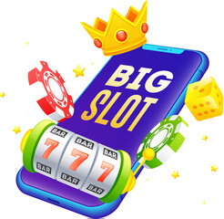 Sticker - Web banner or poster design with 3d casino elements such as slot machine, roulette machine, chips, crown and playing cards on green background.