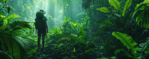 Wall Mural - A botanist exploring a lush rainforest, documenting rare plant species and biodiversity.