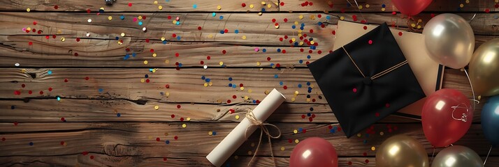 A graduation cap and diploma on a wooden background with confetti and balloons, symbolizing celebration and academic achievement. Perfect for highlighting graduation events 