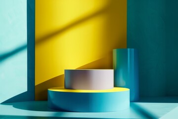 Wall Mural - a product podium, yellow, sky blue, midnight dark.