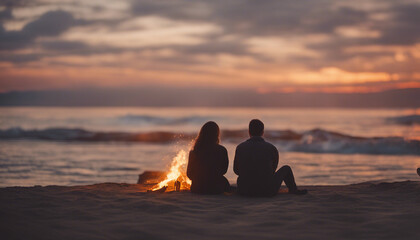 Wall Mural - Lovely couple sitting at the beach near the bonfire and watching the sunset

