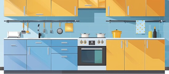 Wall Mural - Kitchen project, MDF facades, on a blue background with drawers and doors sink oven stove. Copy space image. Place for adding text and design