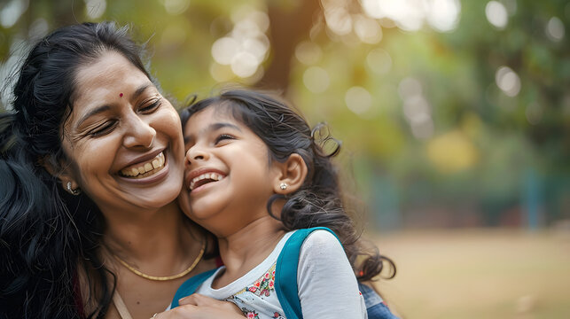 happy indian mother having fun with her daughter outdoor - family people and love concept - focus on