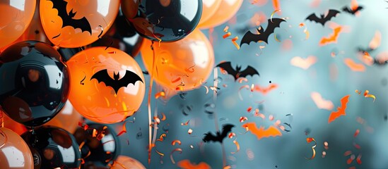 Wall Mural - modern fall home decor for halloween party with orange balloons, bats and black chiffon. copy space 