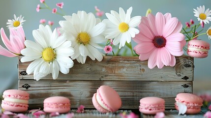 Sticker -   A wooden box brimming with macaroons encased in pink and white frosting, adorned with daisies