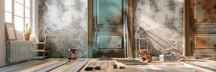 Poster - A close-up view of a new door being installed in an old building, showcasing the professionalism of the workers and the careful attention to detail during the process. Generative AI