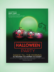 Wall Mural - Halloween Party flyer or invitation card with jack-o-lanterns and event details in green color.