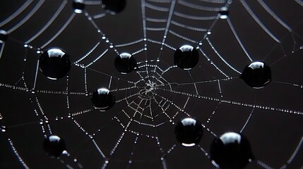   A close-up of a spider's web, dotted with drops of water