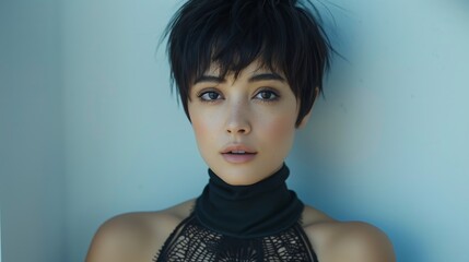 Poster - Woman With Short Black Hair Posing Against Light Blue Wall