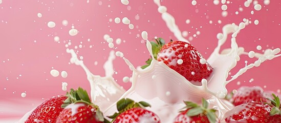 Sticker - delicious fresh strawberry falling into splashing milk pastel background. Copy space image. Place for adding text and design