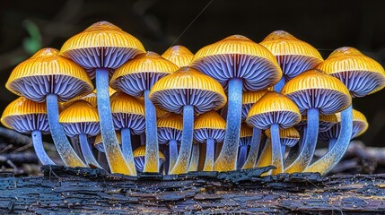 Canvas Print -   A cluster of blue and yellow fungi rest atop a tree stump amidst a dense woodland, surrounded by abundant growths of the same hues