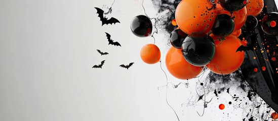 Wall Mural - modern fall home decor for halloween party with orange balloons, bats and black chiffon. copy space 