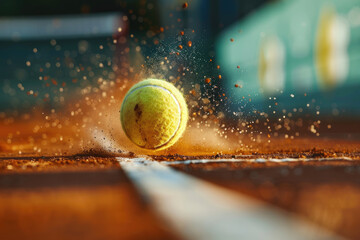 Low angle view of a tennis ball hitting the white line, creating a burst of dust. This image captures the drama and precision of the sport, focusing on motion and intensity.