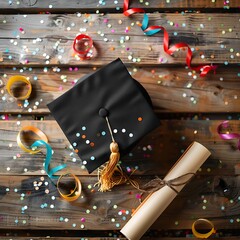 A graduation cap and diploma on a wooden background with confetti and streamers, symbolizing celebration and achievement. Perfect for highlighting graduation events and academic success.

