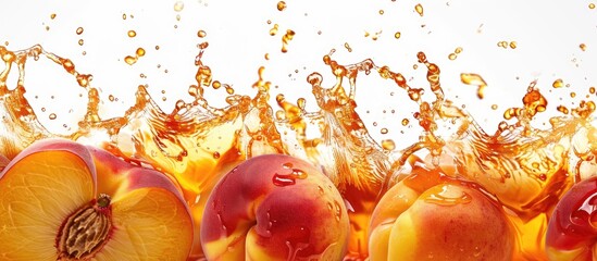 Wall Mural - ripe peaches in splashes of juice isolated on a white background. copy space image. place for adding