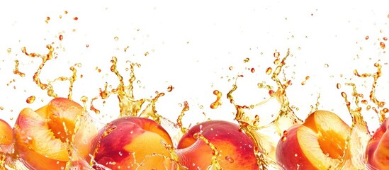 Wall Mural - ripe peaches in splashes of juice isolated on a white background. copy space image. place for adding