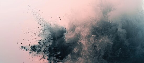 Wall Mural - Black particles explosion Isolated on pastel background. Abstract dust overlay texture. Copy space image. Place for adding text and design