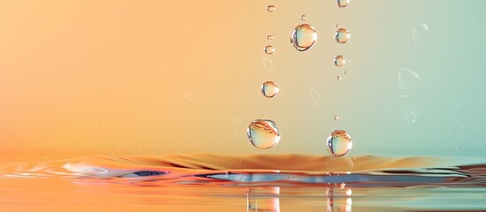 Canvas Print - Water drops photographed with higspeed flashes and dropper in the studio pastel background. Copy space image. Place for adding text and design