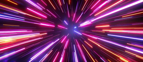 Light rays. Neon radial lines background for comic book. Circular geometric space background. Copy space image. Place for adding text and design