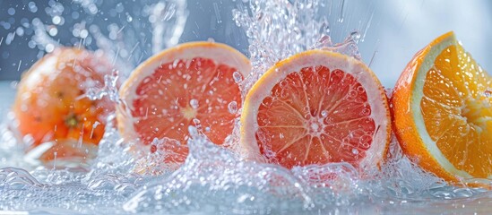 Wall Mural - Orange and grapefruit in a spray of water on a pastel background. Copy space image. Place for adding text and design