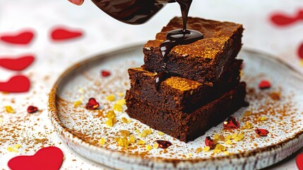 Canvas Print -   A person pours chocolate sauce onto a brownie on a heart-adorned plate