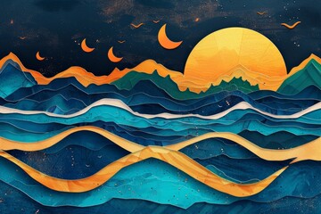 Sea sunset landscape in the style of paper collage, retro illustrations, composite wallpaper in the style of modern art. 