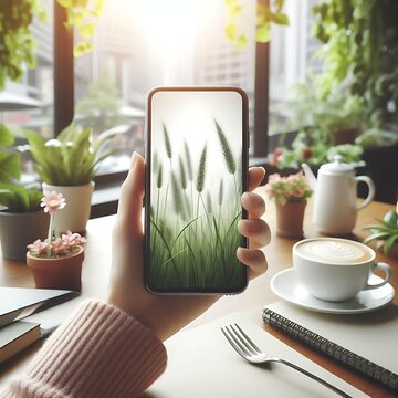 Smartphone in female left hand on the background of the desktop with a cup of coffee, diary, pots of flowers. Sunlight breaks through the window. Cozy atmosphere