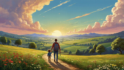 illustration of little boy and father walking in beautiful countryside