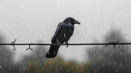 Wall Mural - Black crow is standing on a wire in the rain on a gloomy day
