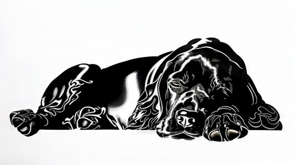 Sticker -   A monochrome illustration depicts a canine reposing on the earth with its muzzle resting on its limbs