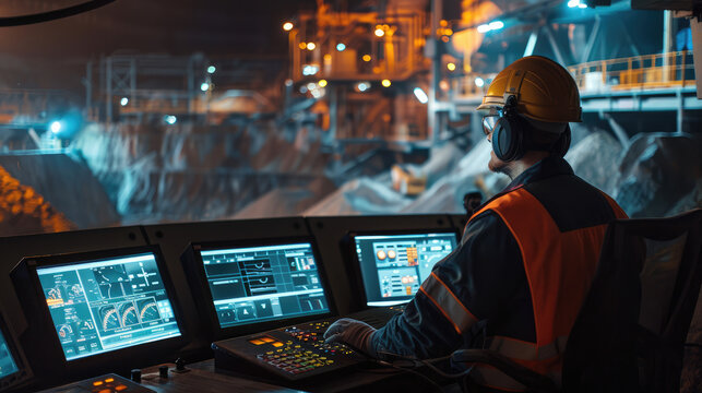 Industrial engineer working at computer control panel monitoring mining process at night