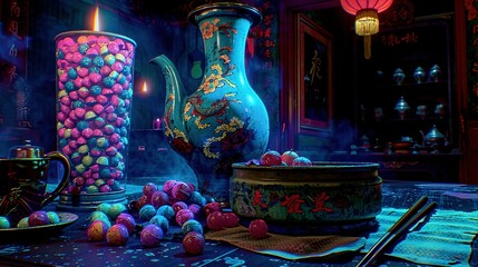 Poster -   Table topped with vase of candy, tea pot, and plate full of candies