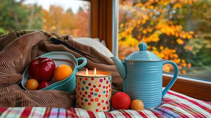 Wall Mural -   A teapot in blue sits atop a bed, beside bowls of fruit and a steaming cup of coffee