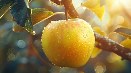 Wall Mural -   A zoomed-in image of an apple hanging from a tree branch with droplets of water on the foliage and the sun illuminating the background