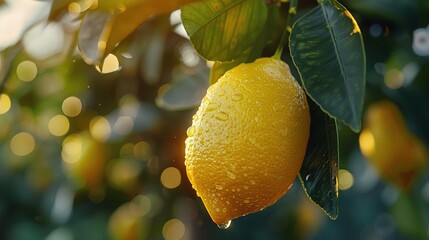 Wall Mural -   A clear close-up of a lemon hanging from a tree with water droplets on its leaves and a focused background