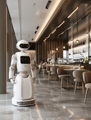 Fototapete - In a modern restaurant, a white robot powered by AI is ready to serve customers, enhancing the sleek and professional design focused on customer experience. Generative AI