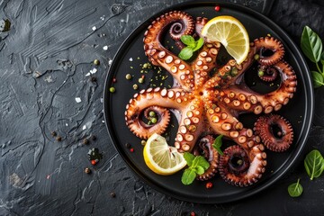 Canvas Print - Gourmet octopus dish artfully presented on a plate with herbs and sauces at a fine dining establishment